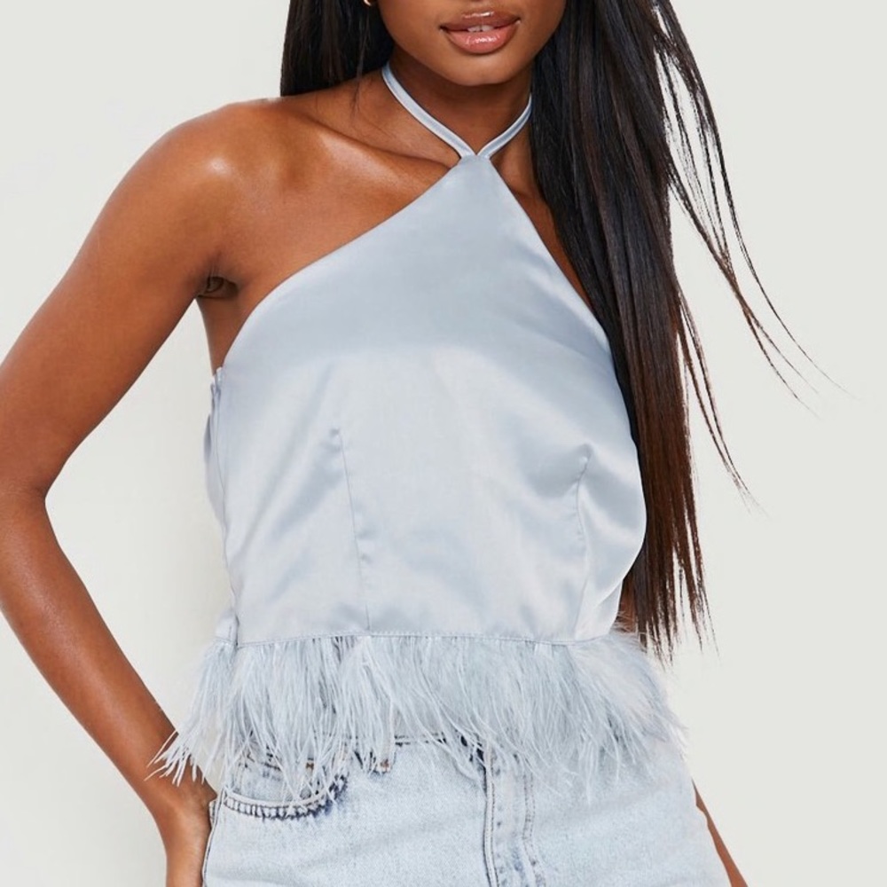 Satin halter neck feather fringe top